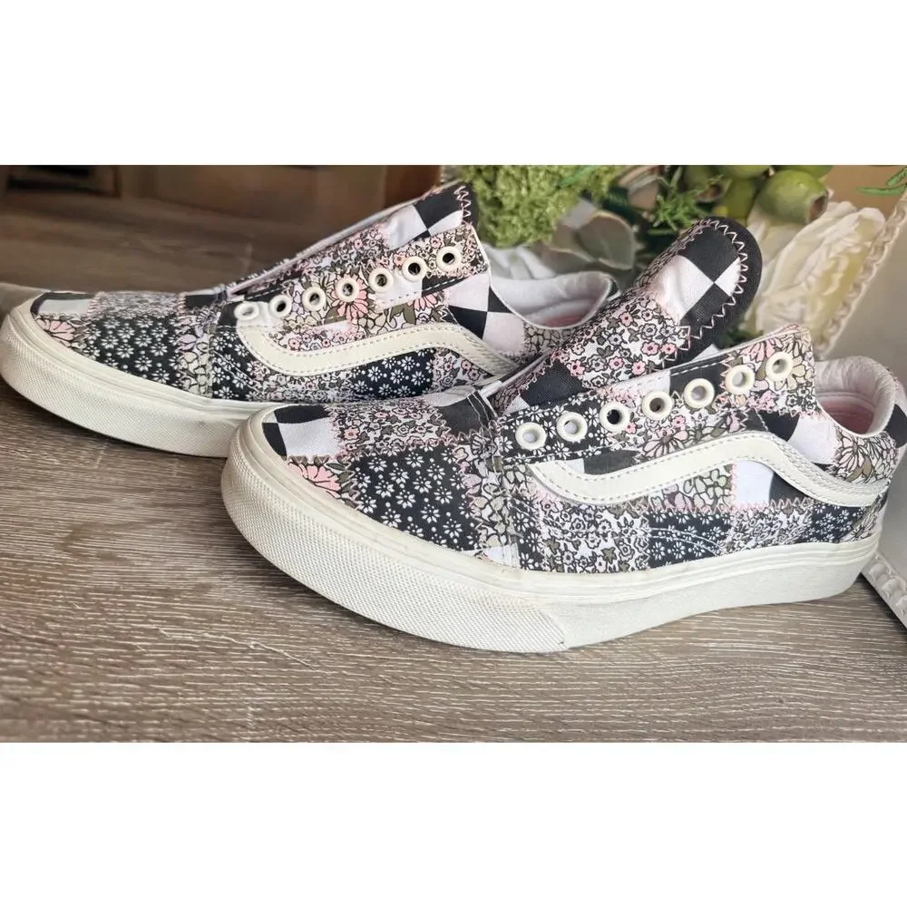 Vans Old Skool Floral Patchwork Black Pink Retro Low Top Sneakers - 8.5